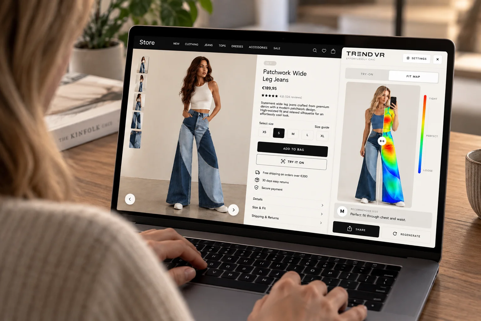 Shopper using Trend VR's fit map next to a product page on a laptop