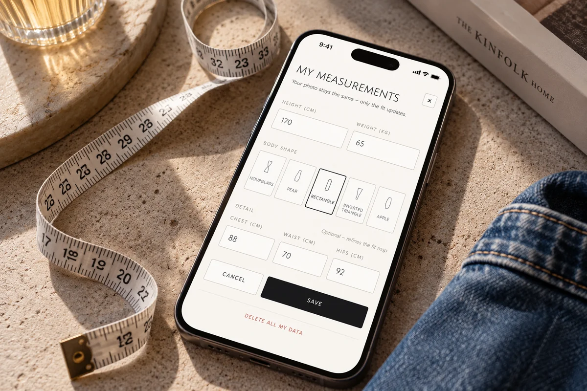 Trend VR measurements screen on a phone next to a tape measure