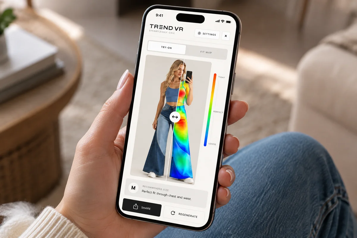 Shopper checking the Trend VR fit map and recommended size on her phone