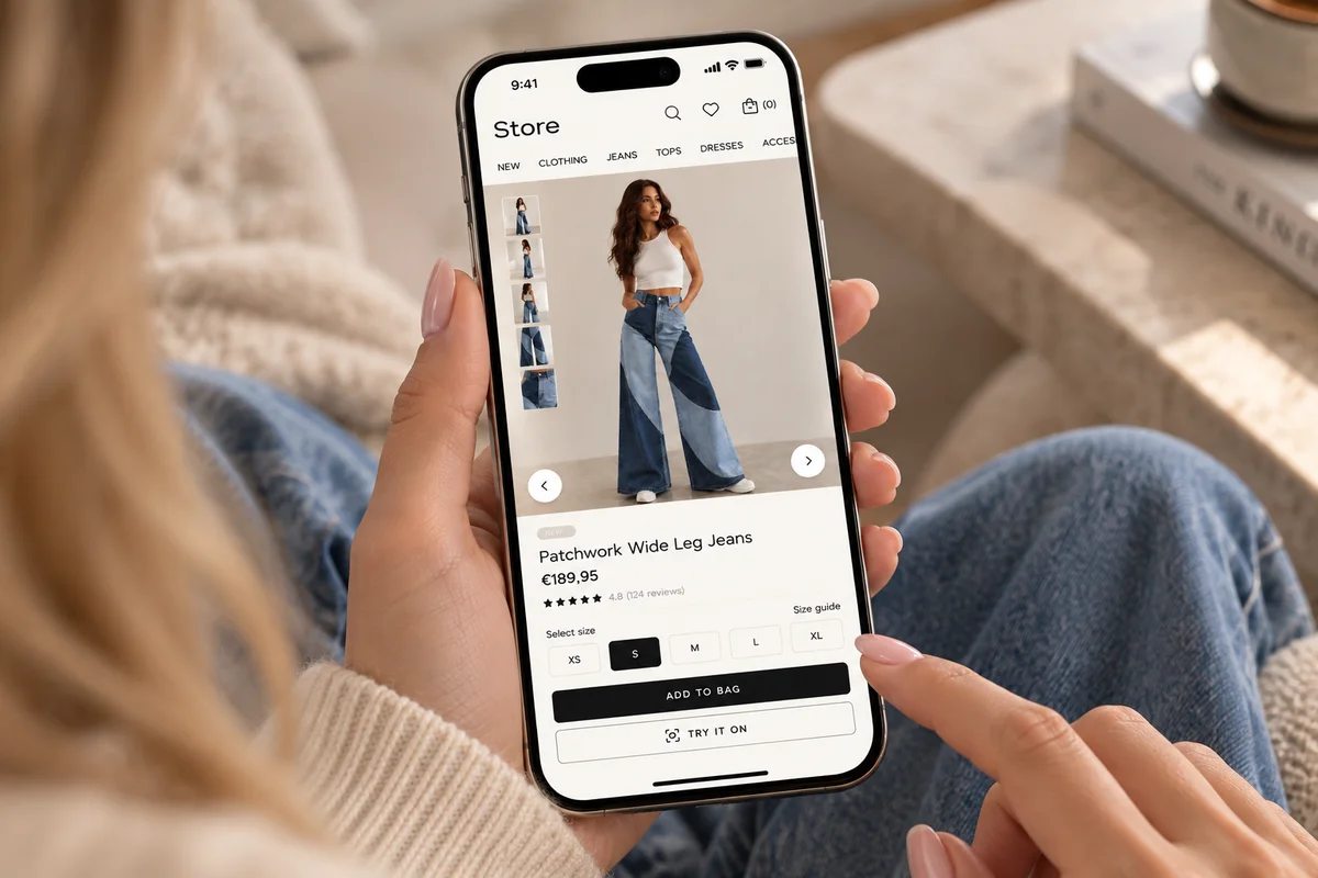 Shopper on a product page with the Try it on button on her phone