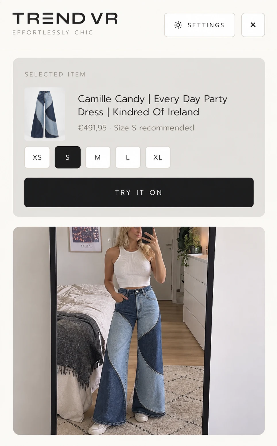 Trend VR drawer with the selected garment, size chips and the shopper's photo