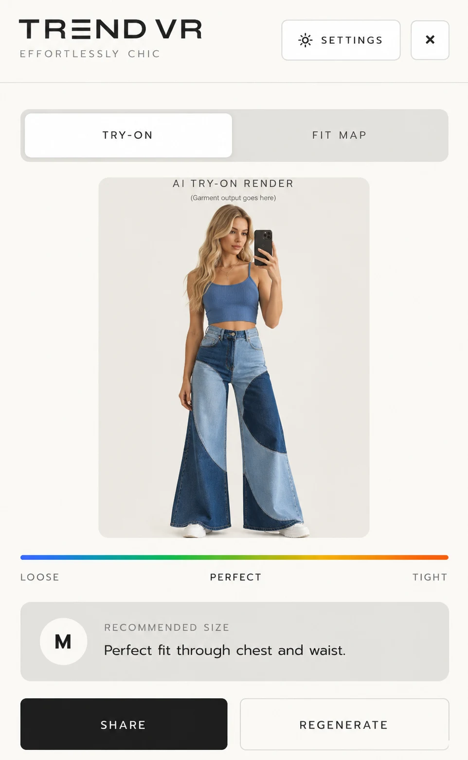Trend VR try-on result with fit scale and recommended size